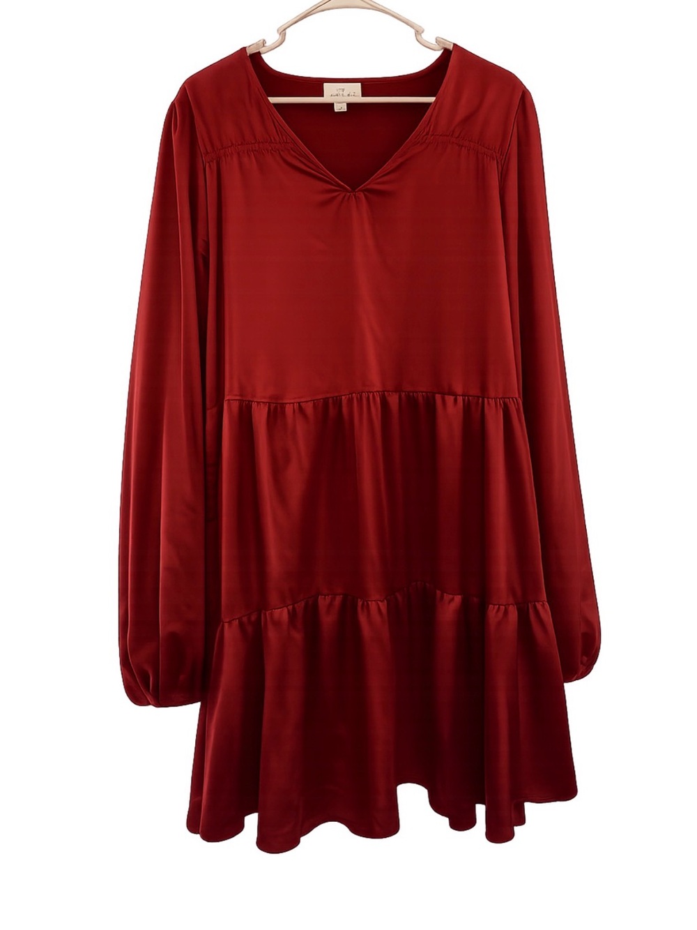 Tiered V-Neck Long Sleeve Dress in Deep Red